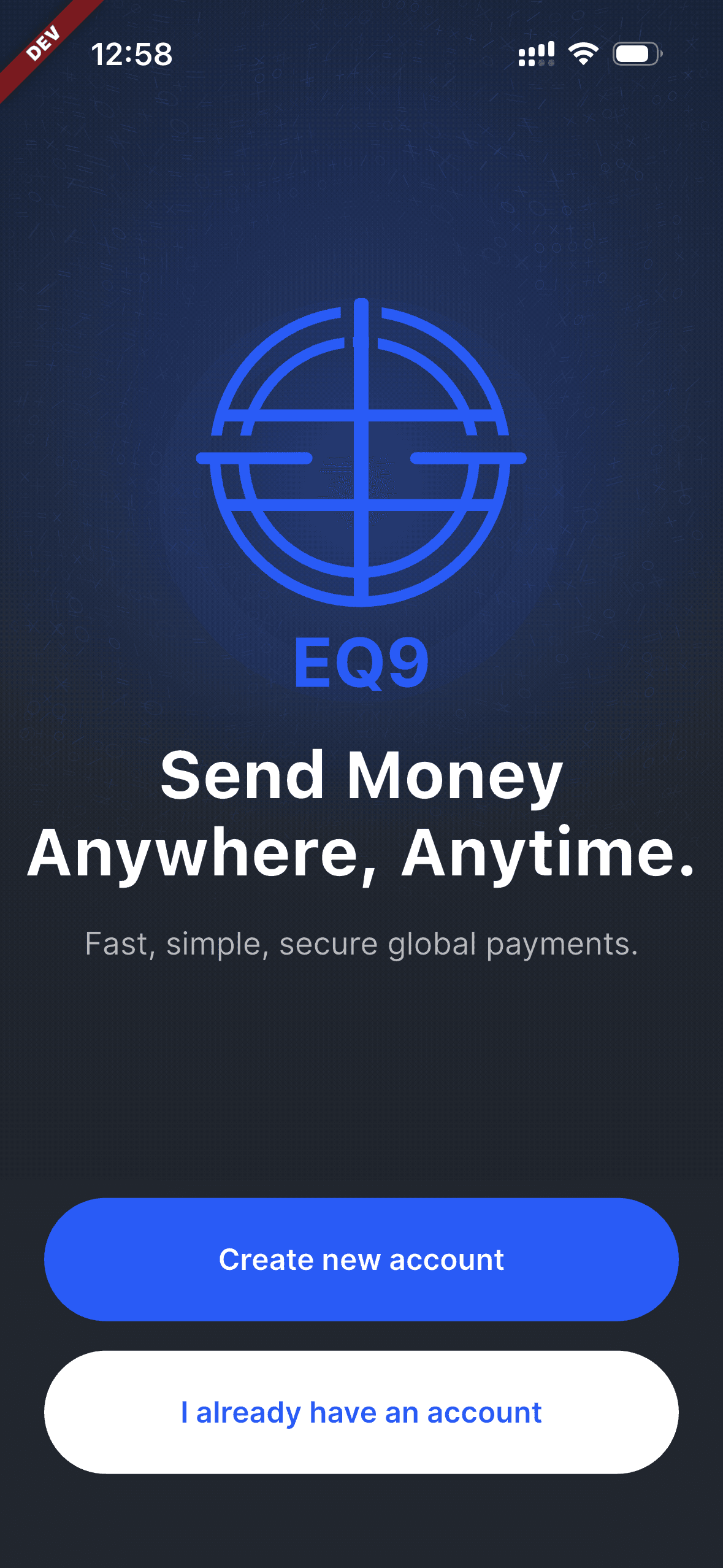 EQ9 app home screen in dark mode
